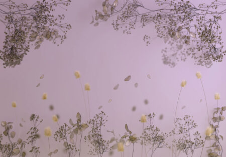 3D-Fototapete mit zarten Trockenblumen auf violettem Hintergrund