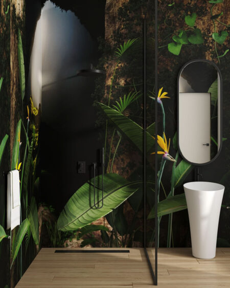 Designer 3D Tapete tropische Blumen in einer Höhle für das Badezimmer