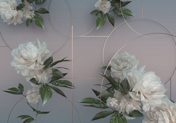 Designer 3D Tapete mit weißen Pfingstrosen und goldenen Linien auf grau-rosa Hintergrund