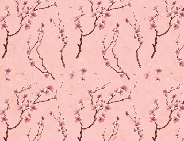 Vintage Designer-Fototapete eines blühenden Sakura-Zweigs auf rosa Hintergrund