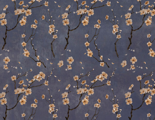 Vintage Designer-Fototapeten eines blühenden Sakura-Zweigs auf dunkelblauem Hintergrund