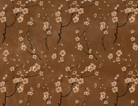 Fototapete mit Sakura-Zweigen und Blumenmuster auf braunem Hintergrund