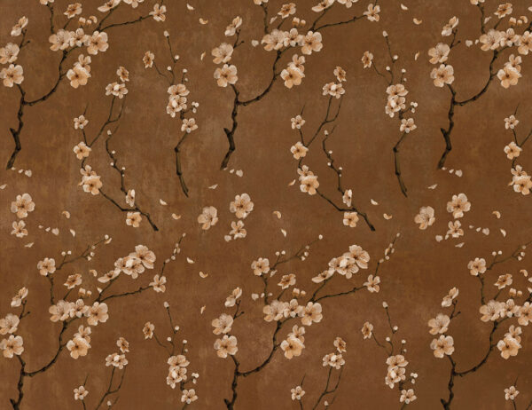 Vintage Designer-Fototapete eines blühenden Sakura-Zweigs auf braunem Hintergrund