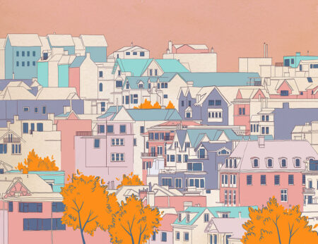 Fototapete mit bemalten bunte Häusern auf rosa Hintergrund