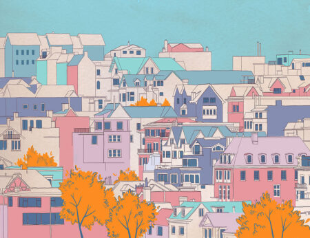 Designer-Fototapeten mit heller Stadt und blauem Himmel im Cartoon-Stil