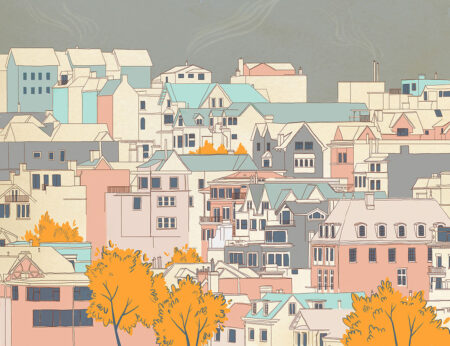 Designer Fototapete mit Stadt und grauem Himmel im Cartoon-Stil