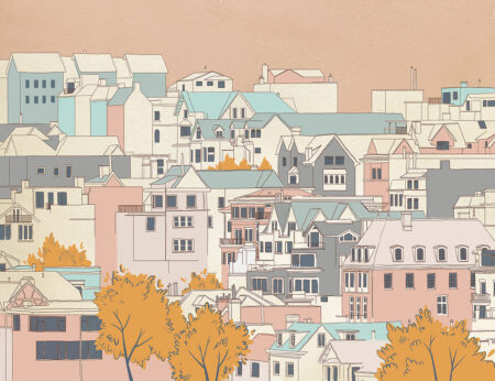 Designer-Fototapeten mit Stadt und staubrosa Himmel im Cartoon-Stil