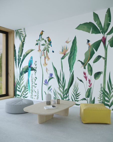 Fototapete Tropen mit Vögeln auf weißem Hintergrund für das Wohnzimmer