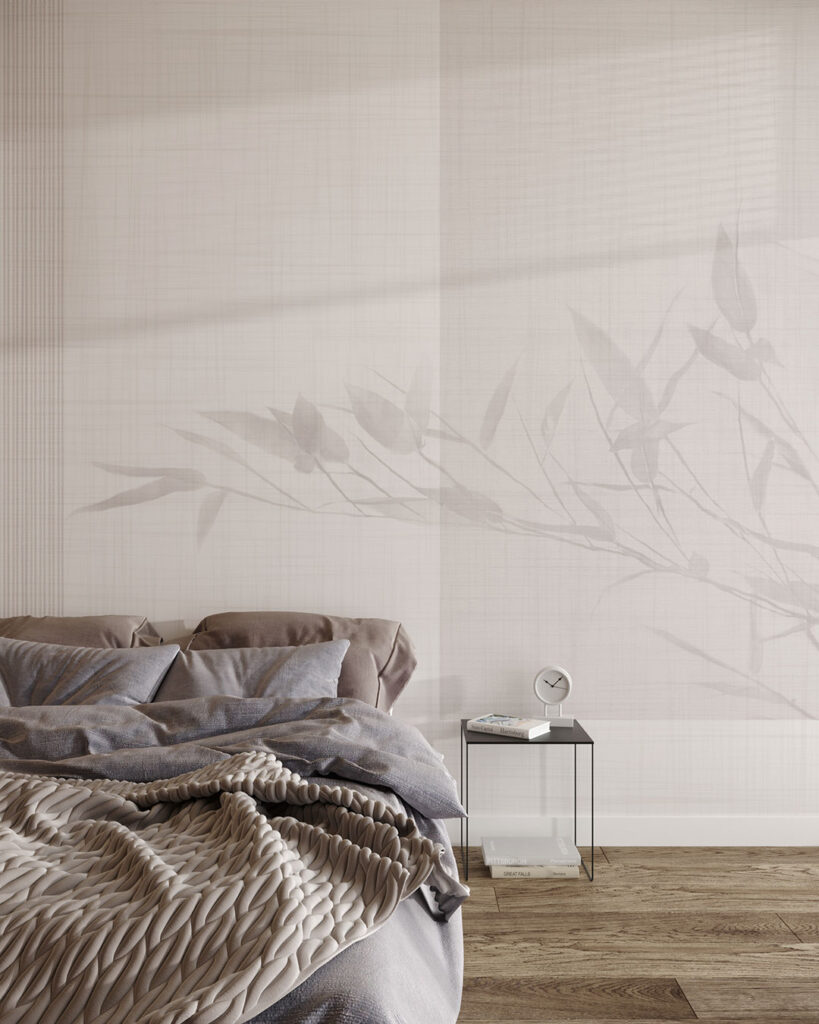 Fototapete mit einem Pflanzenschatten auf einem grau-beigen strukturierten Hintergrund für das Schlafzimmer