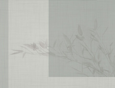Designer-Fototapete mit zartem Ast auf grau-grünem geometrischem Hintergrund