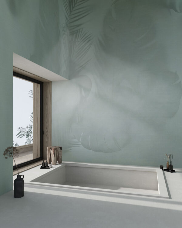 Tapete mit dem Schatten tropische Blätter auf einem helltürkisen strukturierten Hintergrund fürs Badezimmer