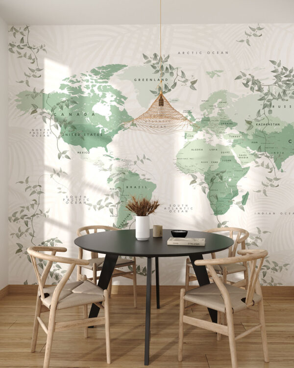 Fototapete Weltkarte in Grüntönen mit tropischen Pflanzen auf weißem Hintergrund für die Küche