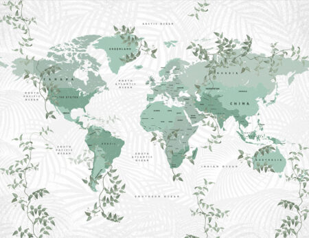 Fototapete Weltkarte in Grüntönen mit tropischen Pflanzen auf weißem Hintergrund