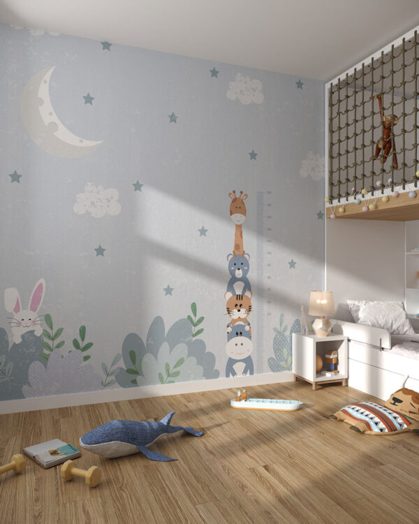 Tapete mit Tieren und Höhenmesser für ein Kind auf blauem Nachthintergrund für das Kinderzimmer