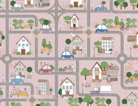 Rosa Kinder-Fototapete Karte mit Straßen und Autos
