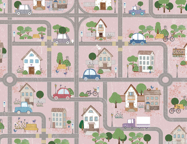Kindertapete mit einer Straße in der Nähe von Häusern und vorbeifahrenden Autos auf rosa Hintergrund