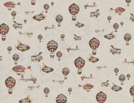 Vintage Tapete mit fliegenden Heißluftballons, Flugzeugen und Luftschiffen Muster auf grau-beigem Hintergrund