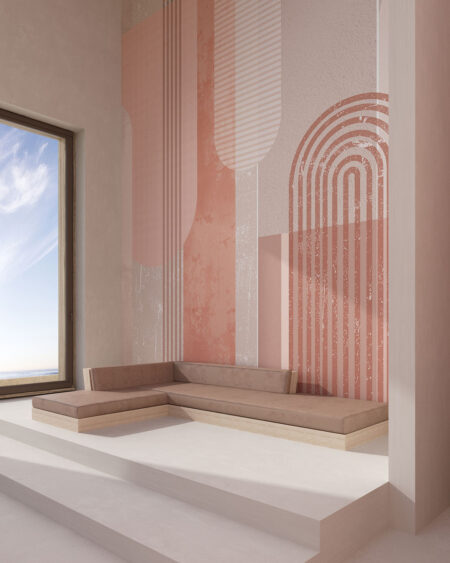 Fototapete mit geometrischen Bögen, Rechtecken und Streifen in Rosa- und Beigetönen fürs Wohnzimmer