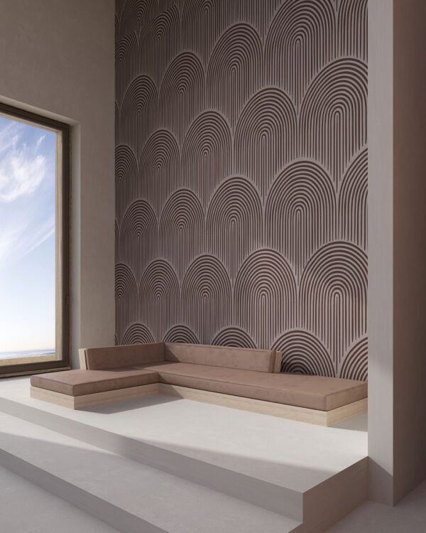 Fototapete mit der Textur geometrischer Konturbögen in Braun fürs Wohnzimmer