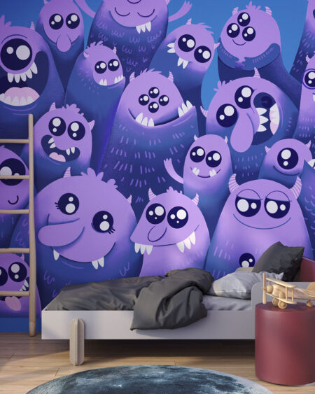 Tapete mit lustigen Monstern in lila Tönen auf blauem Hintergrund fürs Kinderzimmer