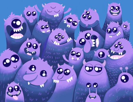 Kindertapete mit lustigen Monstern in lila Tönen auf blauem Hintergrund