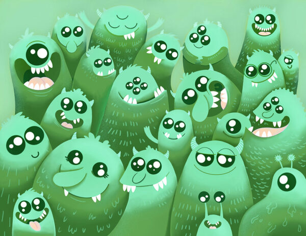 Kindertapete mit lustigen Monstern in Grüntönen auf grünem Hintergrund