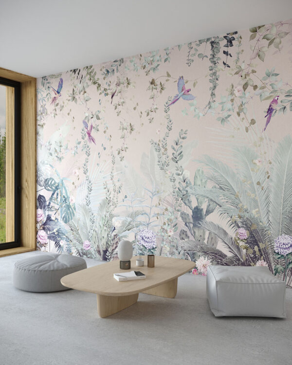 Vintage Tapete mit tropischen Pflanzen und Papageien auf hellrosa strukturiertem Hintergrund für Wohnzimmer