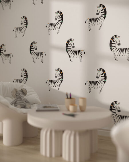 Fototapete mit kleinen Zebras Muster auf weißem Hintergrund fürs Kinderzimmer