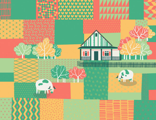 Kindertapete Bauernhof mit grasenden Kühen auf bunten Feldern in Grün-, Gelb- und Rottönen
