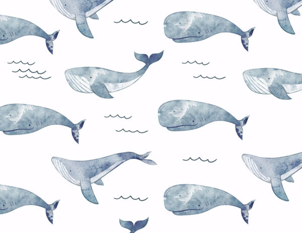 Fototapete mit großen bemalten Wale in Blautönen Muster auf weißem Hintergrund