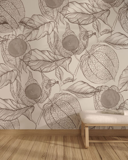 Fototapete mit Blüten von Physalis mit Beeren in Beigetönen für das Wohnzimmer