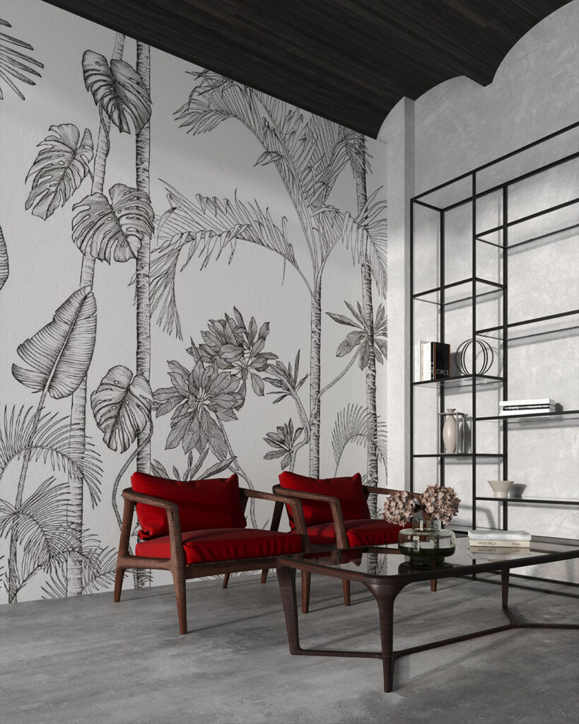 Fototapete mit gravierten tropischen Pflanzen und Palmen auf weißem Hintergrund für das Wohnzimmer
