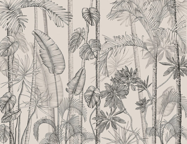 Fototapete mit gravierten tropischen Pflanzen und Palmen auf grau-beigem Hintergrund
