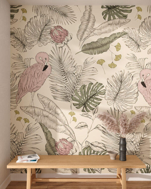 Designer Tapete mit rosa Flamingos und gravierten tropische blätter auf grauem Hintergrund für das Wohnzimmer