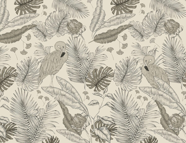 Designer Tapete mit Flamingos und gravierten tropische blätter auf grauem Hintergrund