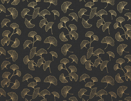 Fototapete mit goldenen Blättern von Ginkgo Biloba Muster auf schwarzem strukturiertem Hintergrund