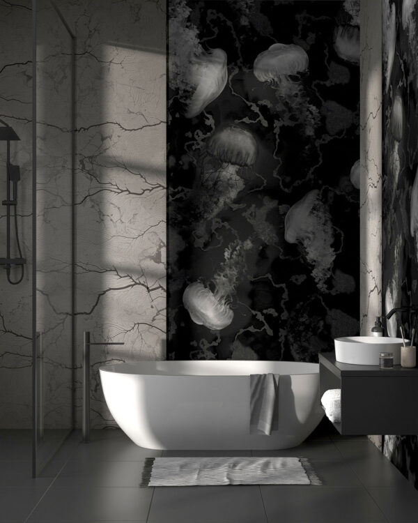 Fototapeten mit Quallen auf der Textur von schwarzem und weißem Marmor fürs Badezimmer