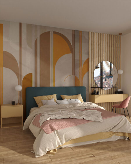 Fototapete Geometrie abgerundeter Formen mit Streifen in Beige- und Gelbtönen auf grauem Hintergrund für das Schlafzimmer