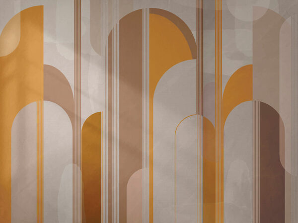 Fototapete Geometrie abgerundeter Formen mit Streifen in Beige- und Gelbtönen auf grauem Hintergrund