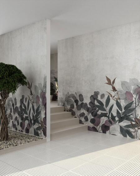 Vintage Tapete mit Pflanzen und ihren Umrissen auf dekorativem Hintergrund in Grautönen für Wohnzimmer