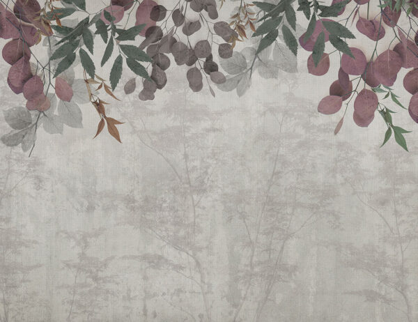 Vintage Tapete mit Pflanzen und Umrissen von Bäumen auf dekorativem Hintergrund in Grautönen