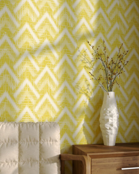 Fototapete mit der Geometrie der Textur von gelben und weißen Dreiecken auf einem strukturierten Hintergrund für das Wohnzimmer