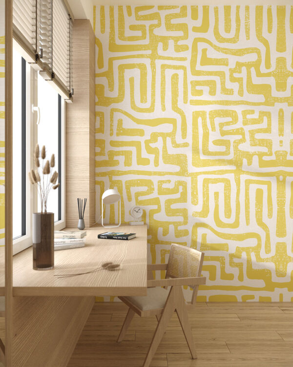 Fototapete mit gelbem Labyrinth auf weißem Hintergrund fürs Jugendzimmer