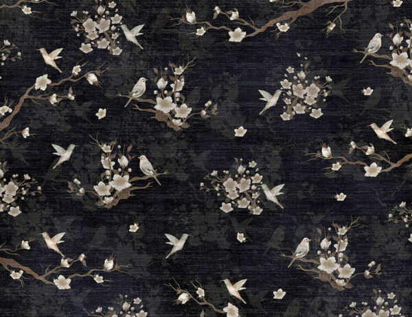 Vintage Tapete mit dekorativen Vögeln und blühenden Zweigen Muster auf einem strukturierten Designer-Hintergrund in Schwarztönen