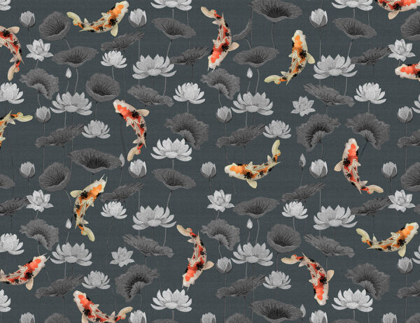 Tapeten mit bunten Koi Fischen Muster auf strukturiertem dunkelgrauem Hintergrund, verziert mit dekorativen Blumen