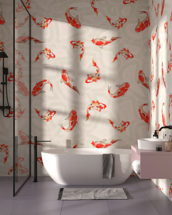 Tapeten mit rot-weißer Koi Fischen Muster auf dekorativem Hintergrund in hellen Grautönen fürs Badezimmer