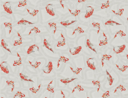 Tapeten mit rot-weißer Koi Fischen Muster auf dekorativem Hintergrund in hellen Grautönen