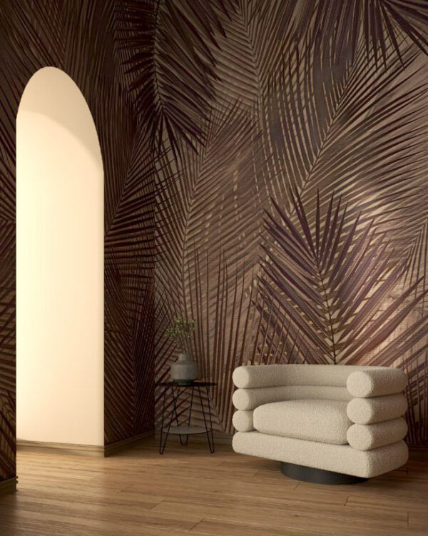 Designer Fototapete Palmblätter in hellen Brauntönen fürs Wohnzimmer