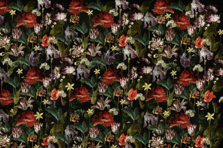 Vintage Tapete mit bunten Blumen Muster auf schwarzem strukturiertem Hintergrund