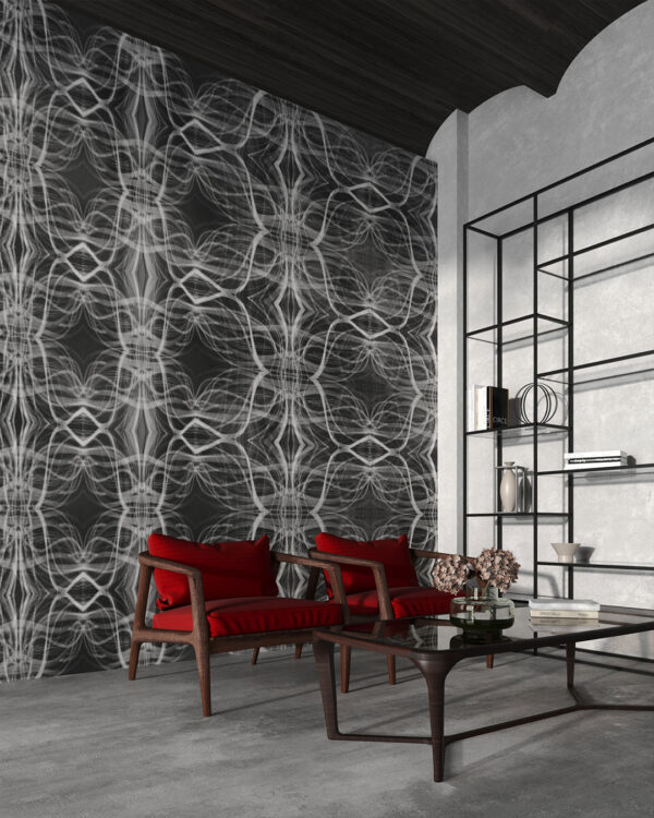 Moderne Tapete mit einem geometrischen Muster aus geschwungenen Linien in Grautönen für Wohnzimmer